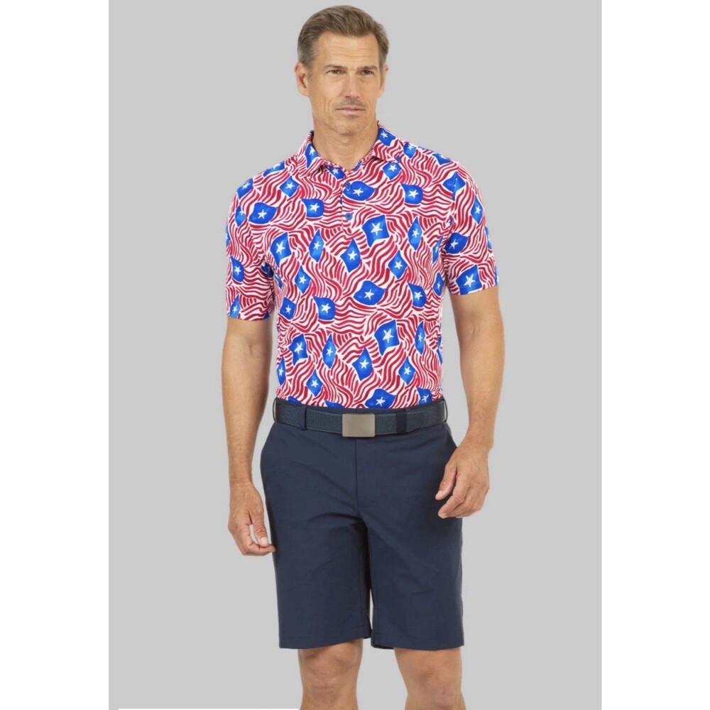 IBKUL Mens Polo Shirt Small Patriotic USA Stars Stripes UPF 50+ Cooling Golf